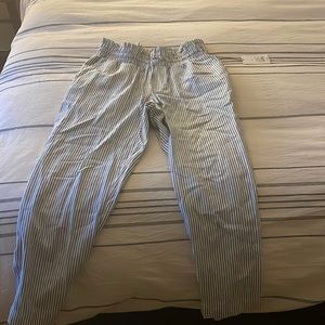 Striped, linen pants with elastic waist band and tie